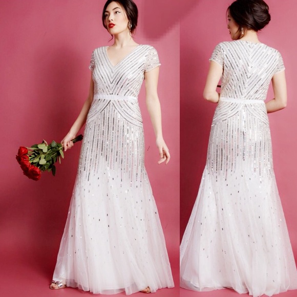 Adrianna Papell beaded cap sleeve v neck long gown - Picture 3 of 11